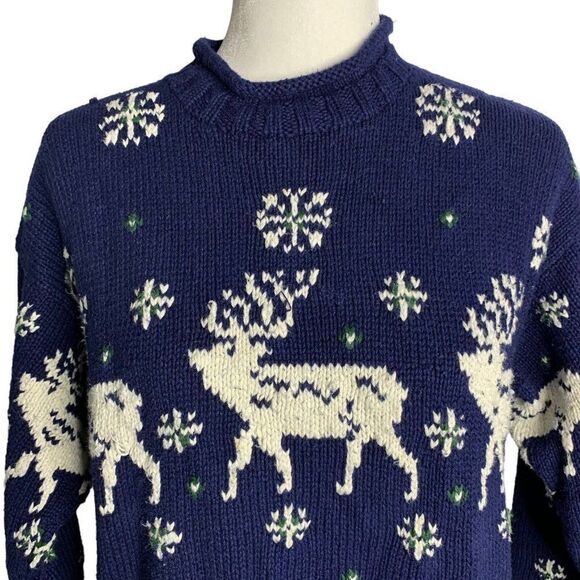 Vintage Jones New York Hand Knit Sweater M Petite Blue Reindeer Pullover - Picture 2 of 6
